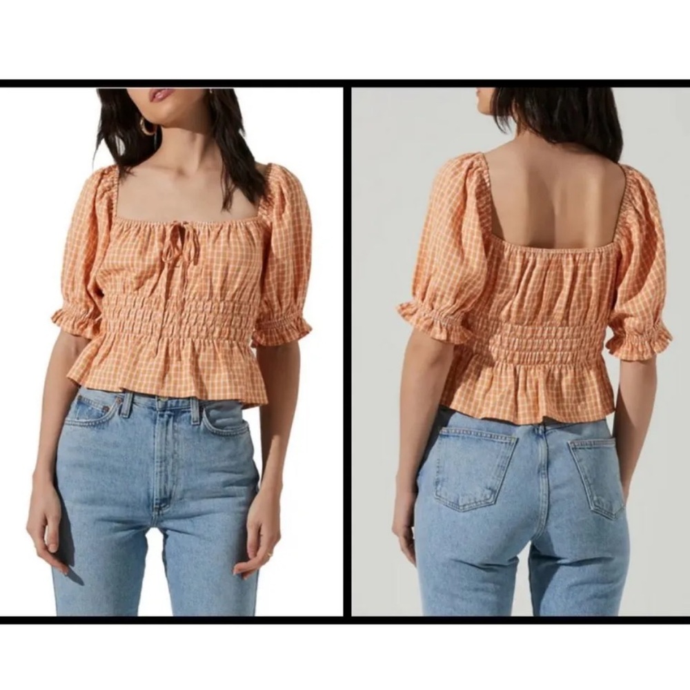 Astr Peach Gingham Smocked Peplum Top